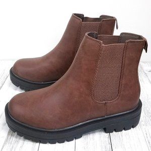 New Women Brown Chelsea Elastic Low Platform Combat Boots Ankle Booties